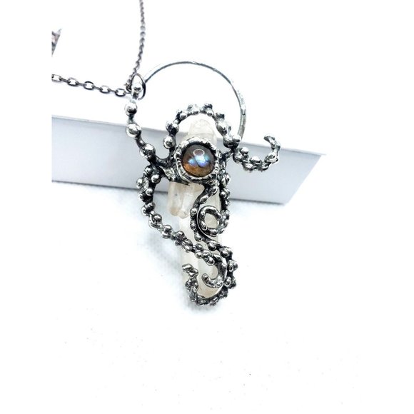 Gothic blue labradorite and quartz crystal Necklace with tentacles fantasy ooak - Picture 1 of 12